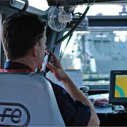 Lowrance fixed mount marine VHF radio in use aboard a boat, providing reliable communication and enhanced safety for boating, fishing and offshore navigation.