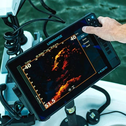 Lowrance HDS Live fish finder displaying ActiveTarget live sonar technology with real-time views of fish movement and underwater structure from a boat-mounted system.