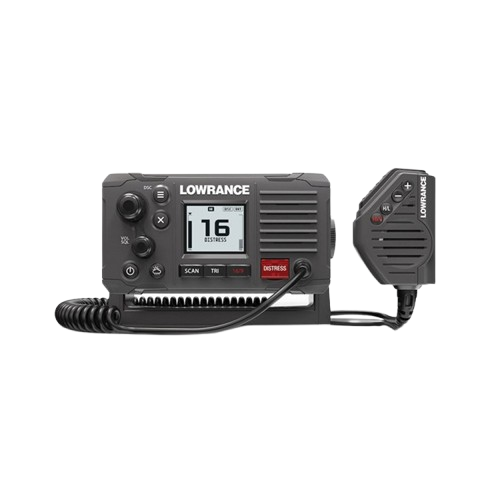Lowrance Link-6 fixed mount marine VHF radio with DSC, Class D functionality and an external speaker microphone for reliable communication and enhanced safety on the water.