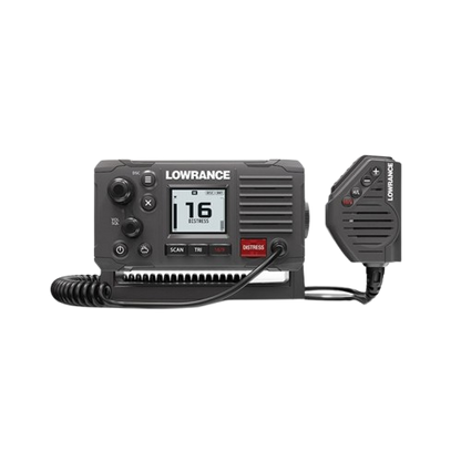Lowrance Link-6 fixed mount marine VHF radio with DSC, Class D functionality and an external speaker microphone for reliable communication and enhanced safety on the water.