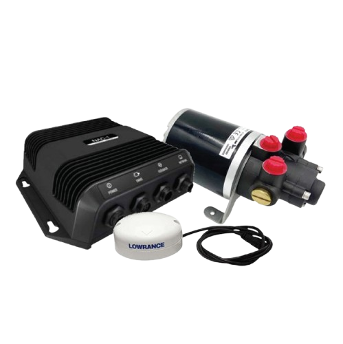 Lowrance SonicHub marine audio server kit including audio control module, external antenna and marine-grade amplifier unit for boat entertainment systems.