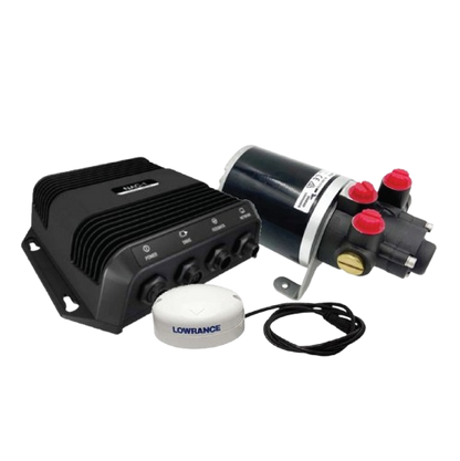 Lowrance SonicHub marine audio server kit including audio control module, external antenna and marine-grade amplifier unit for boat entertainment systems.