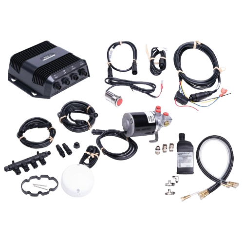 Complete marine air horn kit including compressor, control module, wiring harness, air lines, fittings and installation accessories for boats.