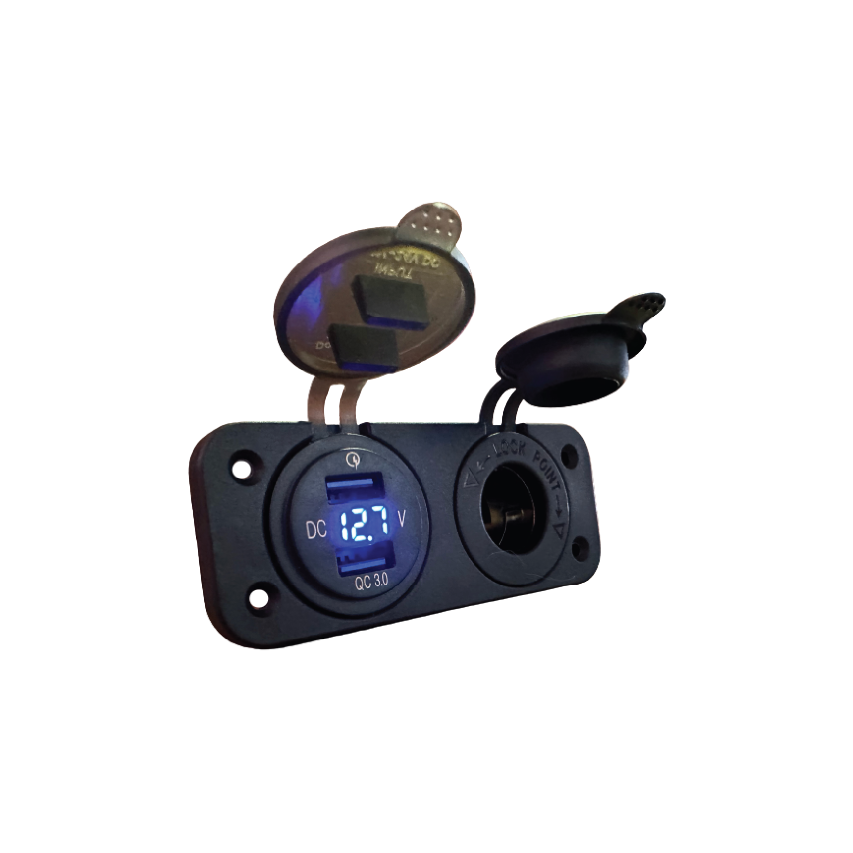 Marine double USB charging panel with QC 3.0 USB port, 12V power socket and digital voltmeter for charging devices and powering marine accessories on boats.