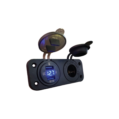 Marine double USB charging panel with QC 3.0 USB port, 12V power socket and digital voltmeter for charging devices and powering marine accessories on boats.