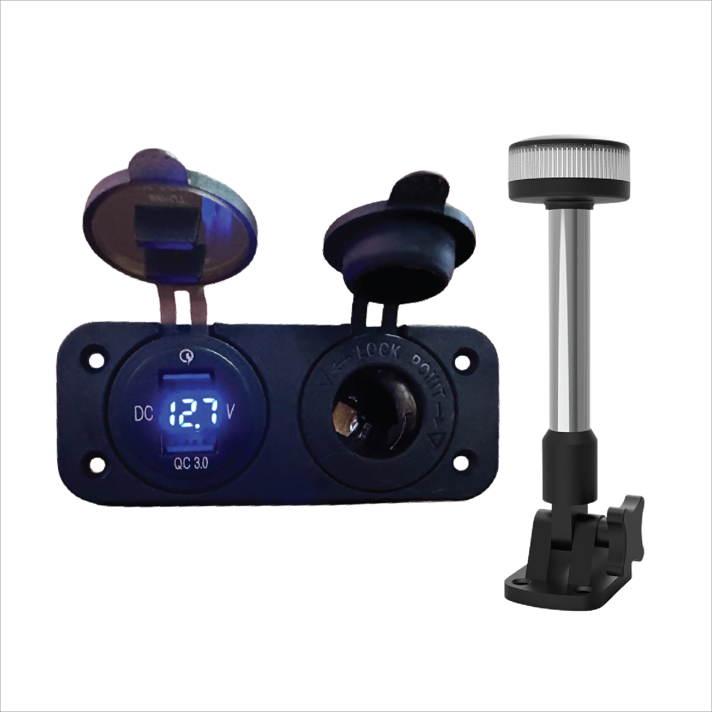 Marine double USB charging panel with 12V power socket and digital voltmeter for charging devices and powering marine accessories on boats.