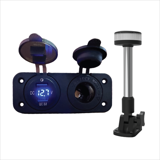 Marine double USB charging panel with 12V power socket and digital voltmeter for charging devices and powering marine accessories on boats.