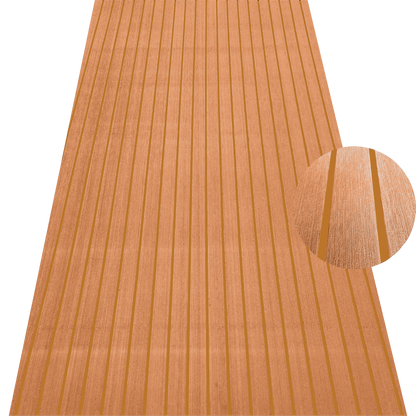 Brown EVA foam marine decking with camel trim lines in a teak-style pattern for boat flooring applications.