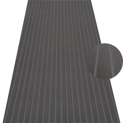 Grey EVA foam marine decking with light grey trim lines in a teak-style pattern for boat flooring applications.