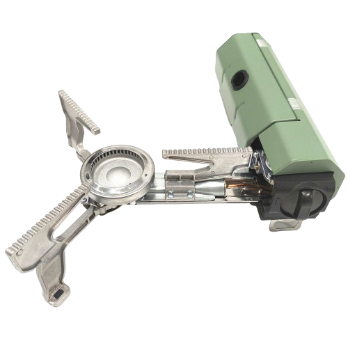 Pocket Stove Pro portable camping stove shown from the side in the open position, featuring a fold-out burner for compact and reliable outdoor cooking during camping, fishing and overlanding.