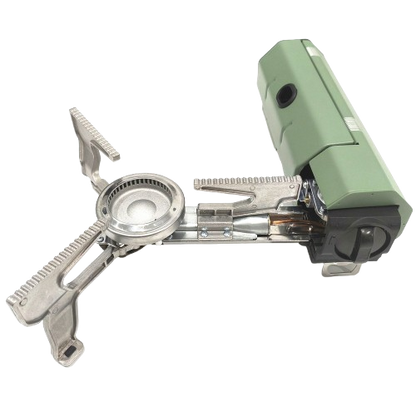 Pocket Stove Pro portable camping stove shown from the side in the open position, featuring a fold-out burner for compact and reliable outdoor cooking during camping, fishing and overlanding.