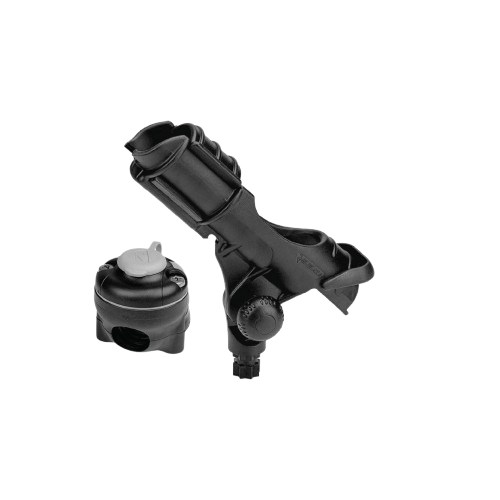 Black Railblaza Rod Holder II with RailMount mounting base for securely attaching fishing rods to boat rails without drilling.