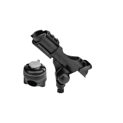 Black Railblaza Rod Holder II with RailMount mounting base for securely attaching fishing rods to boat rails without drilling.