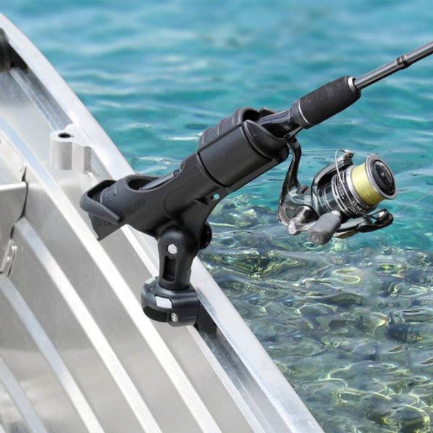 Black Railblaza Rod Holder II with sideport installed on a boat, securely holding a spinning rod and reel for hands-free fishing without drilling into the boat.