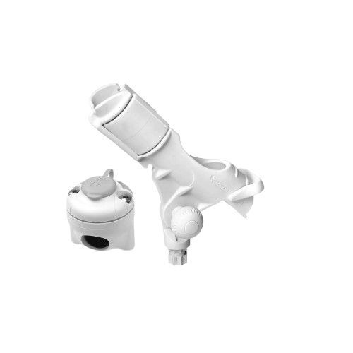 White Railblaza Rod Holder II with RailMount mounting base for securely attaching fishing rods to boat rails without drilling.