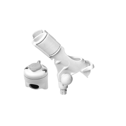 White Railblaza Rod Holder II with RailMount mounting base for securely attaching fishing rods to boat rails without drilling.