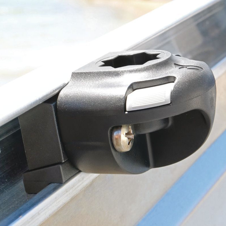 Railblaza SidePort mounting base installed on a boat gunwale, providing a secure quick-release mounting point for rod holders, fishfinders and other Railblaza accessories