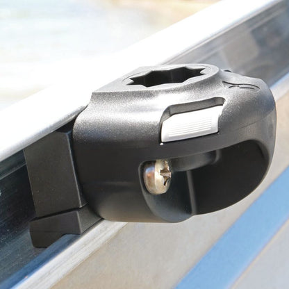 Railblaza SidePort mounting base installed on a boat gunwale, providing a secure quick-release mounting point for rod holders, fishfinders and other Railblaza accessories