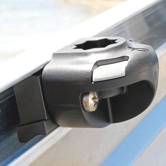 Railblaza SidePort mounting base installed on a boat gunwale, providing a secure quick-release mounting point for rod holders, fishfinders and other Railblaza accessories