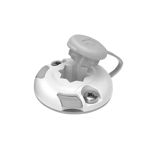 White Railblaza StarPort mounting base with open protective cap, providing a secure quick-release mounting point for rod holders, fishfinders, cameras and other Railblaza accessories on boats and kayaks