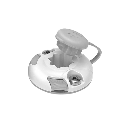 White Railblaza StarPort mounting base with open protective cap, providing a secure quick-release mounting point for rod holders, fishfinders, cameras and other Railblaza accessories on boats and kayaks