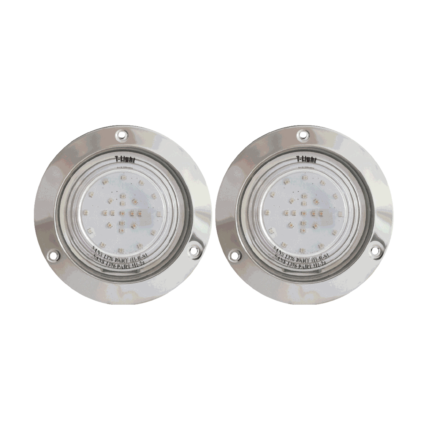 Pair of stainless steel recessed marine LED underwater lights for boat transoms, providing bright underwater illumination with corrosion-resistant stainless steel housings.