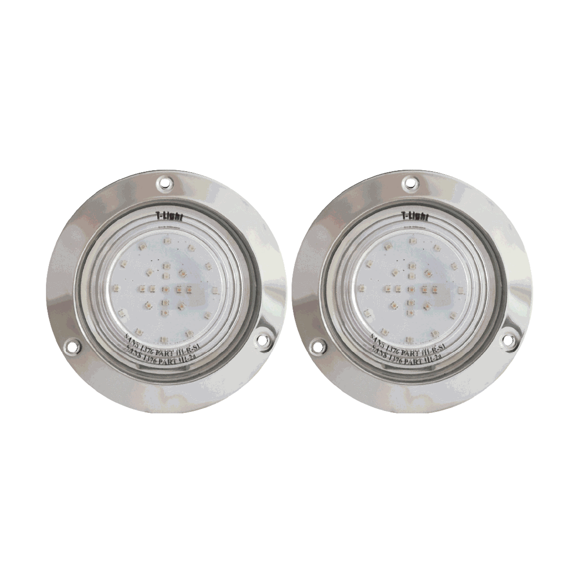 Pair of stainless steel recessed marine LED underwater lights for boat transoms, providing bright underwater illumination with corrosion-resistant stainless steel housings.