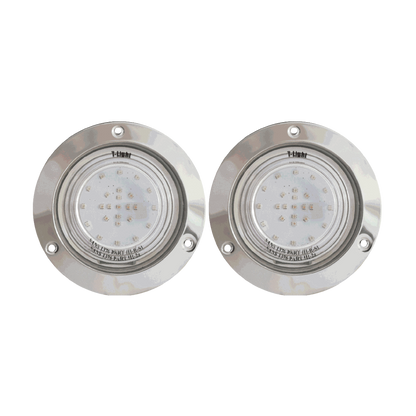 Pair of stainless steel recessed marine LED underwater lights for boat transoms, providing bright underwater illumination with corrosion-resistant stainless steel housings.