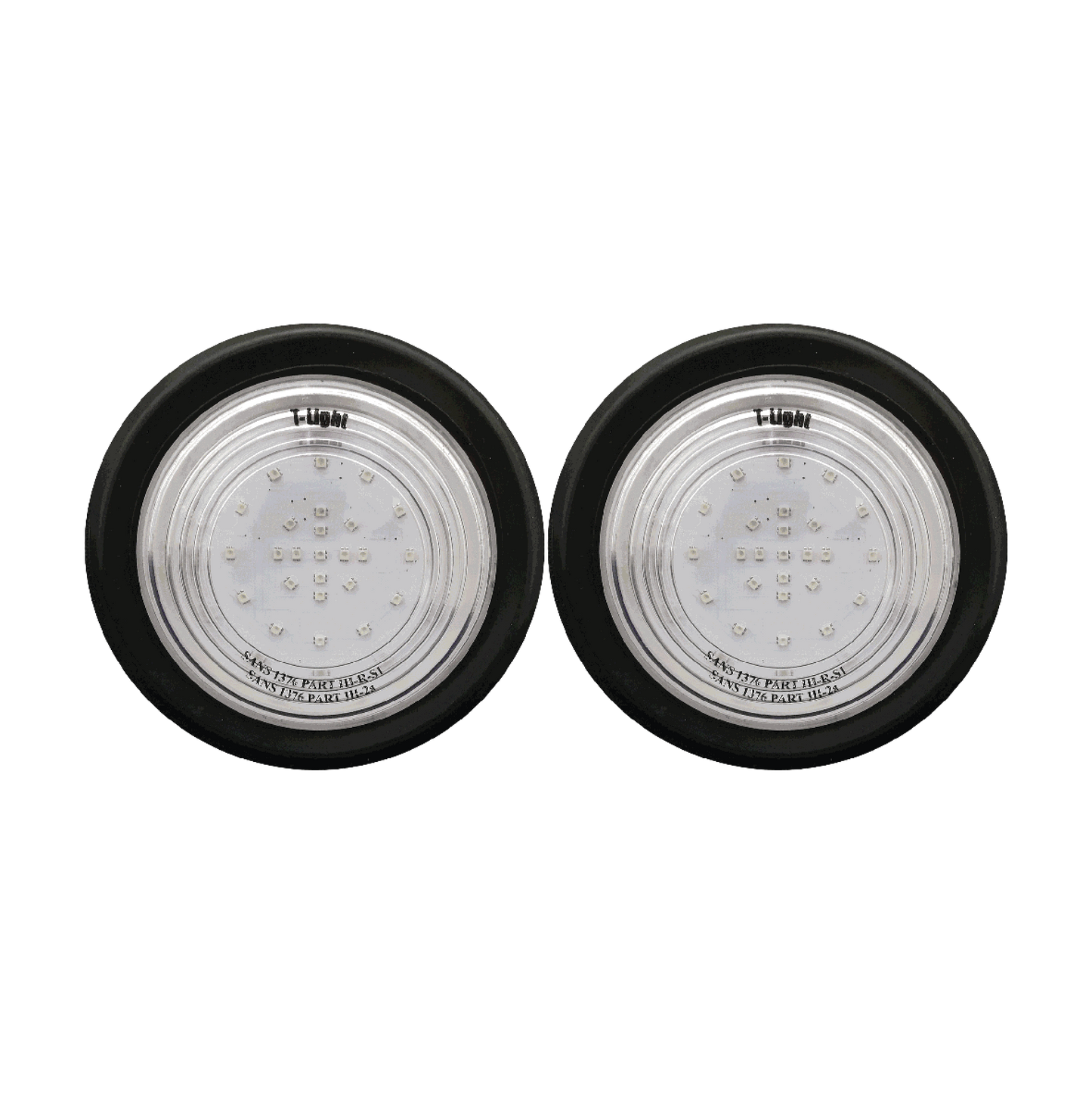 Pair of T-Light marine LED underwater lights designed for transom mounting, providing bright underwater illumination for boats, fishing and nighttime visibility.