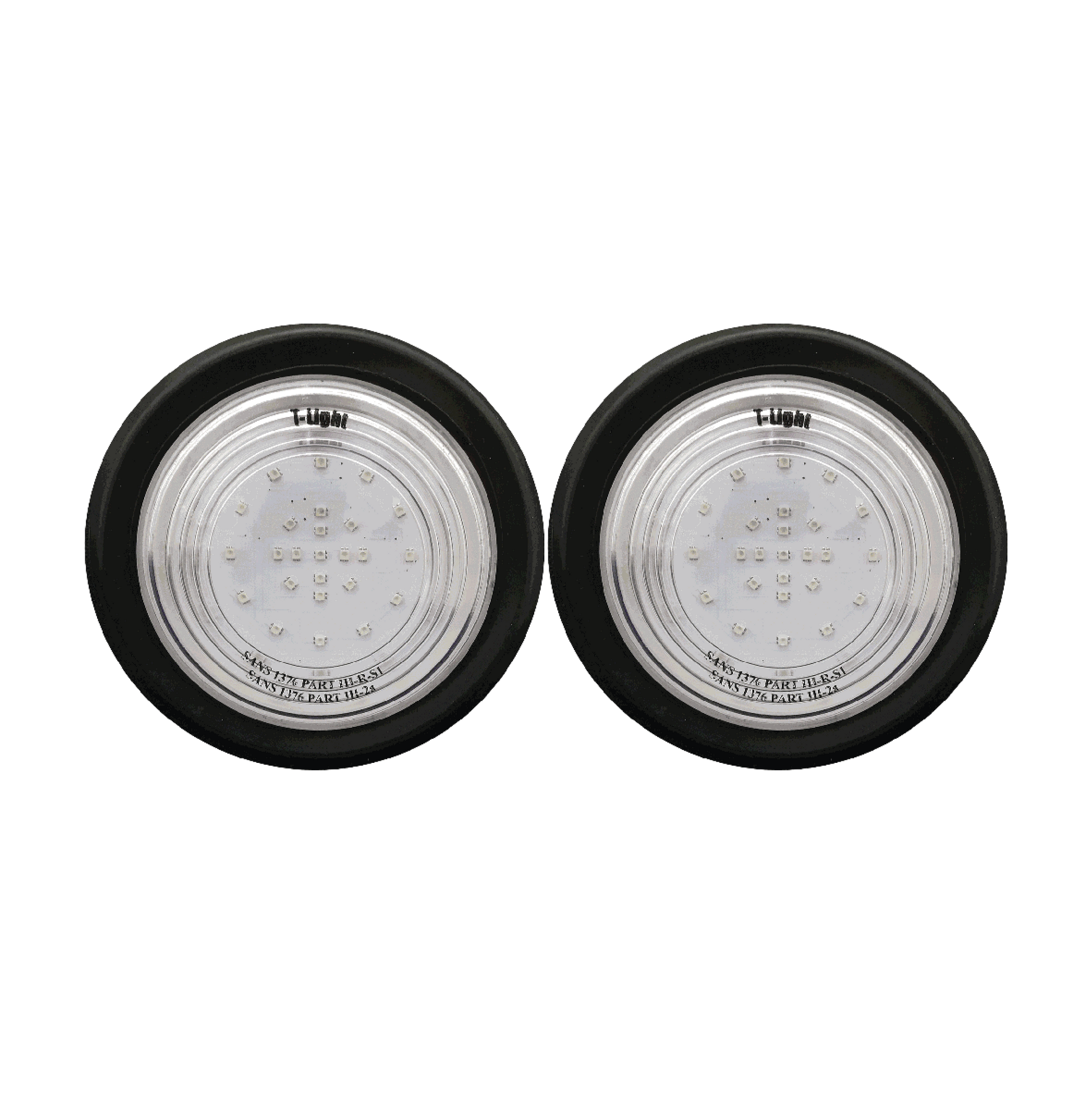 Pair of T-Light marine LED underwater lights designed for transom mounting, providing bright underwater illumination for boats, fishing and nighttime visibility.