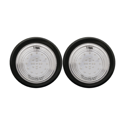 Pair of T-Light marine LED underwater lights designed for transom mounting, providing bright underwater illumination for boats, fishing and nighttime visibility.