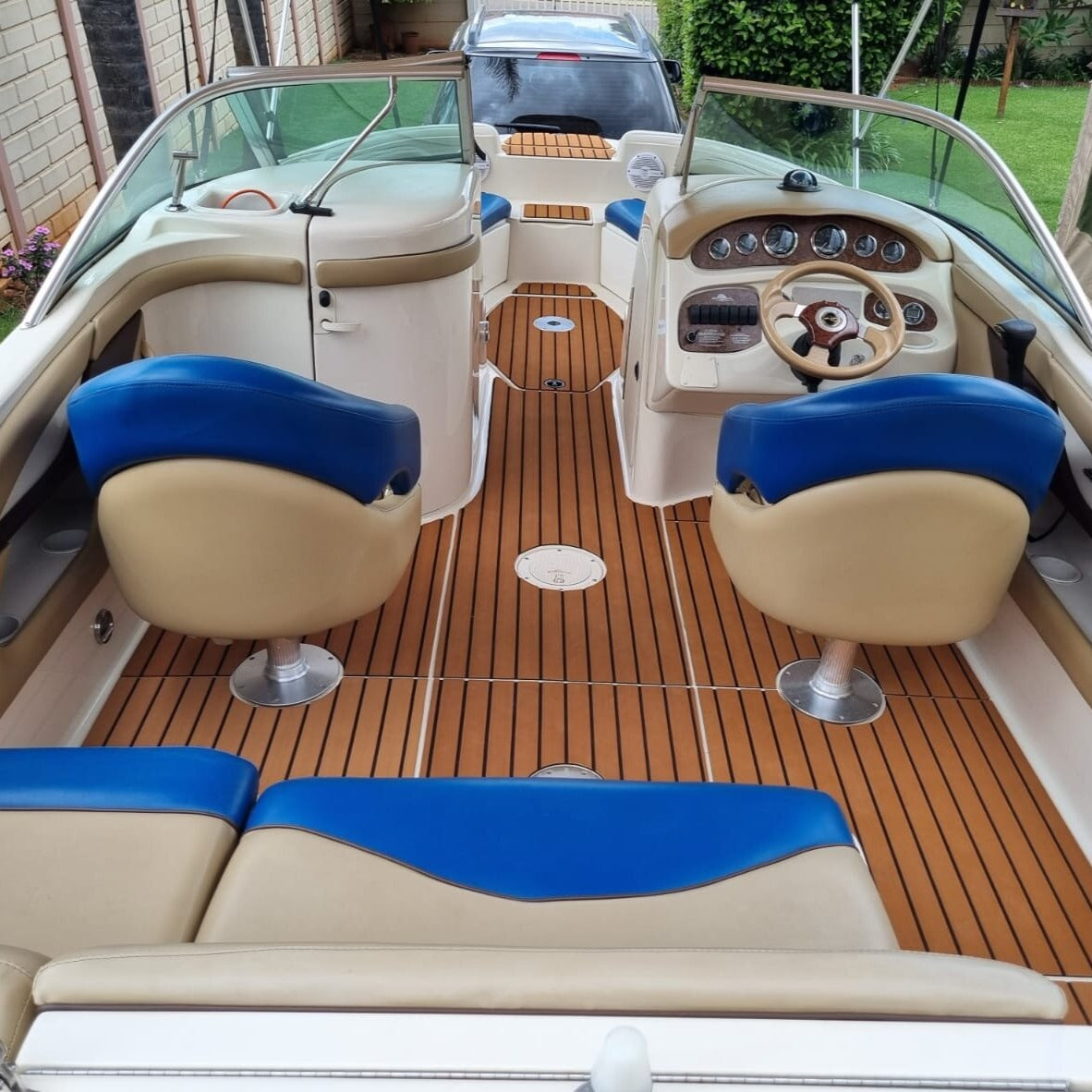 Teak style EVA decking installed on a recreational boat
