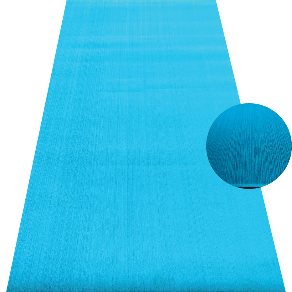 Blue over black EVA foam decking sheet with brushed finish and non-slip marine surface for boats, kayaks and watercraft flooring applications.